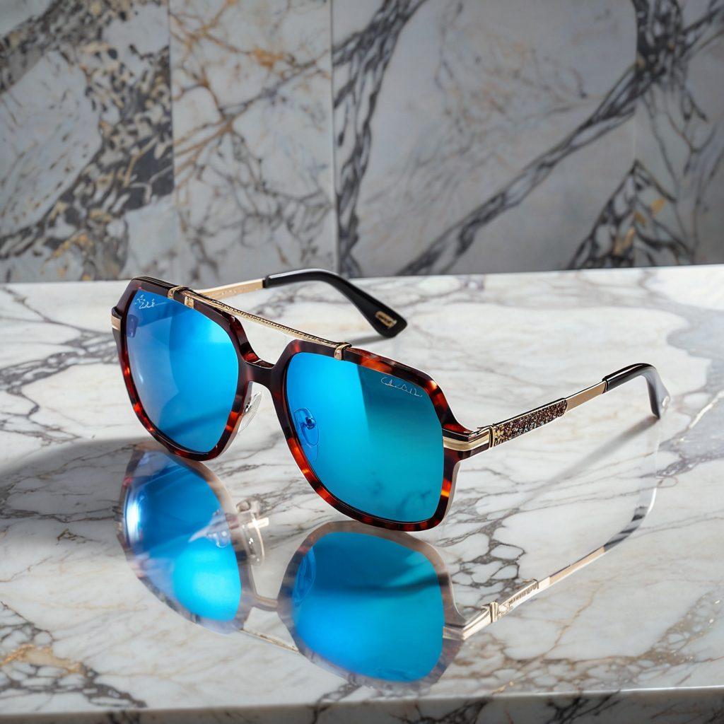A chic pair of Cazal eyewear elegantly displayed on a marble pedestal, surrounded by luxurious sunglasses. Incorporate soft, glowing light to enhance the allure of the glasses, while showcasing a stylish backdrop of high-fashion fabrics and accessories. Add subtle reflections on the surface for a high-end look. super-realistic. vibrant colors. plush textures.