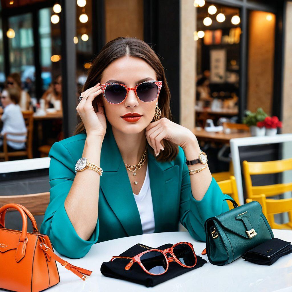 Showcase a stylish individual wearing premium Cazal eyewear at a vibrant outdoor café, surrounded by an array of bold fashion accessories. The scene exudes confidence, with vibrant colors capturing the essence of style for every occasion. Include reflections in the eyewear that highlight a bustling city background. Focus on intricate details of the eyewear design, emphasizing luxury. super-realistic. vibrant colors. urban backdrop.